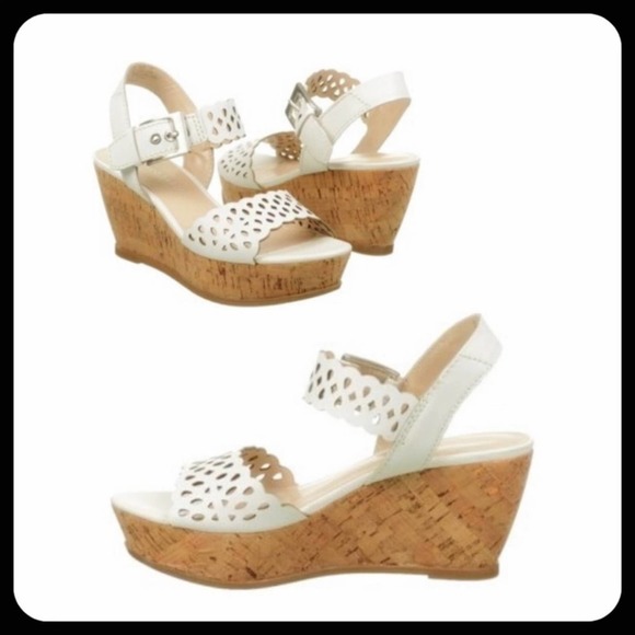 Franco Sarto White Leather Frolic Cork Wedge Sandals eyelet opening - Picture 2 of 5